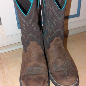 Ariat Brown and Blue Heeled Boots with Western Design